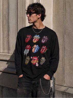 Rolling Stones Tongue Graphic Long Sleeve Tee Black Medium 100% Cotton Merch